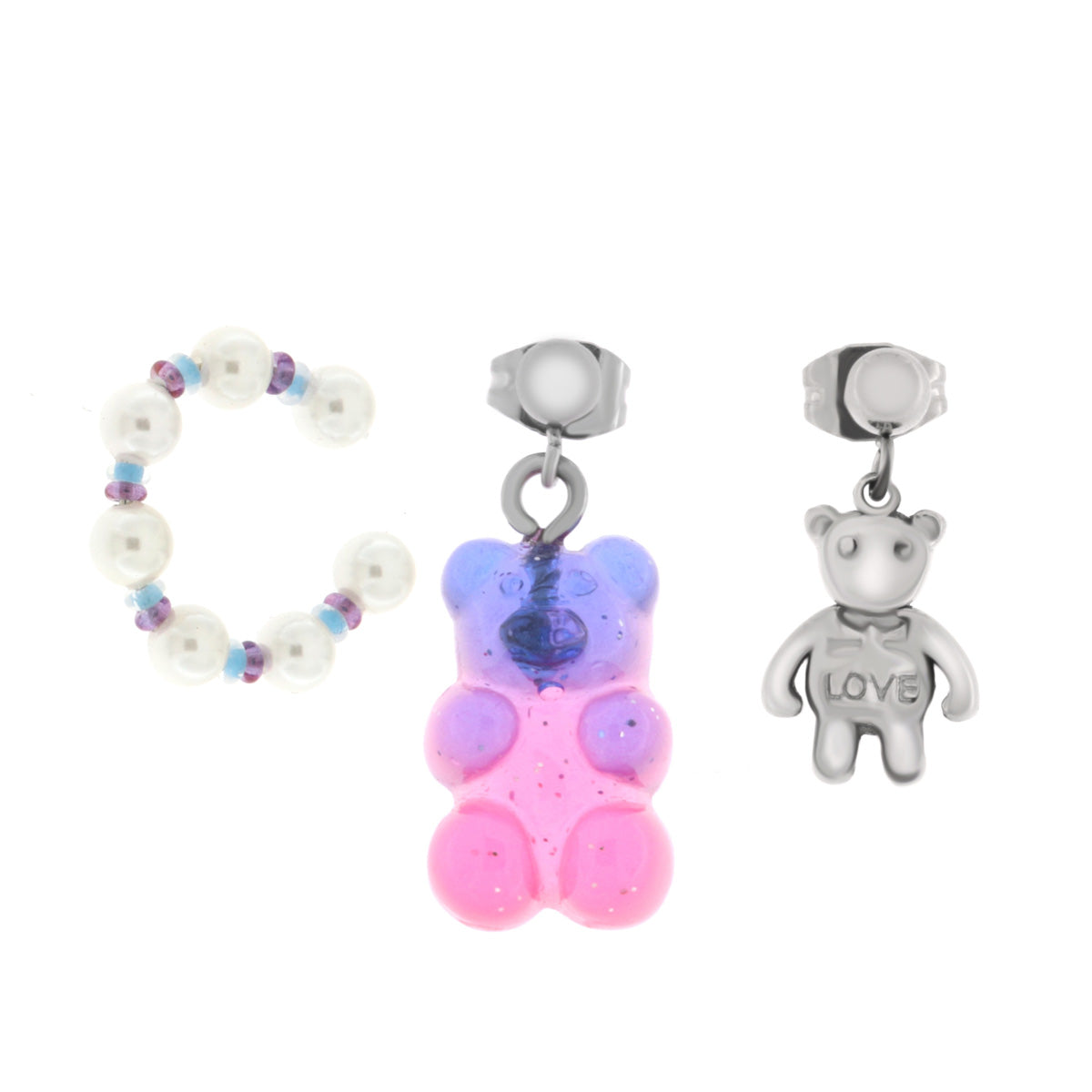 Steel earrings with bears and earcuffs with pearls