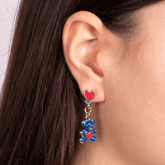 Metal earrings with blue teddy bear and red heart