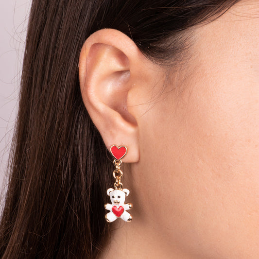 Metal earrings with white teddy bear and red heart