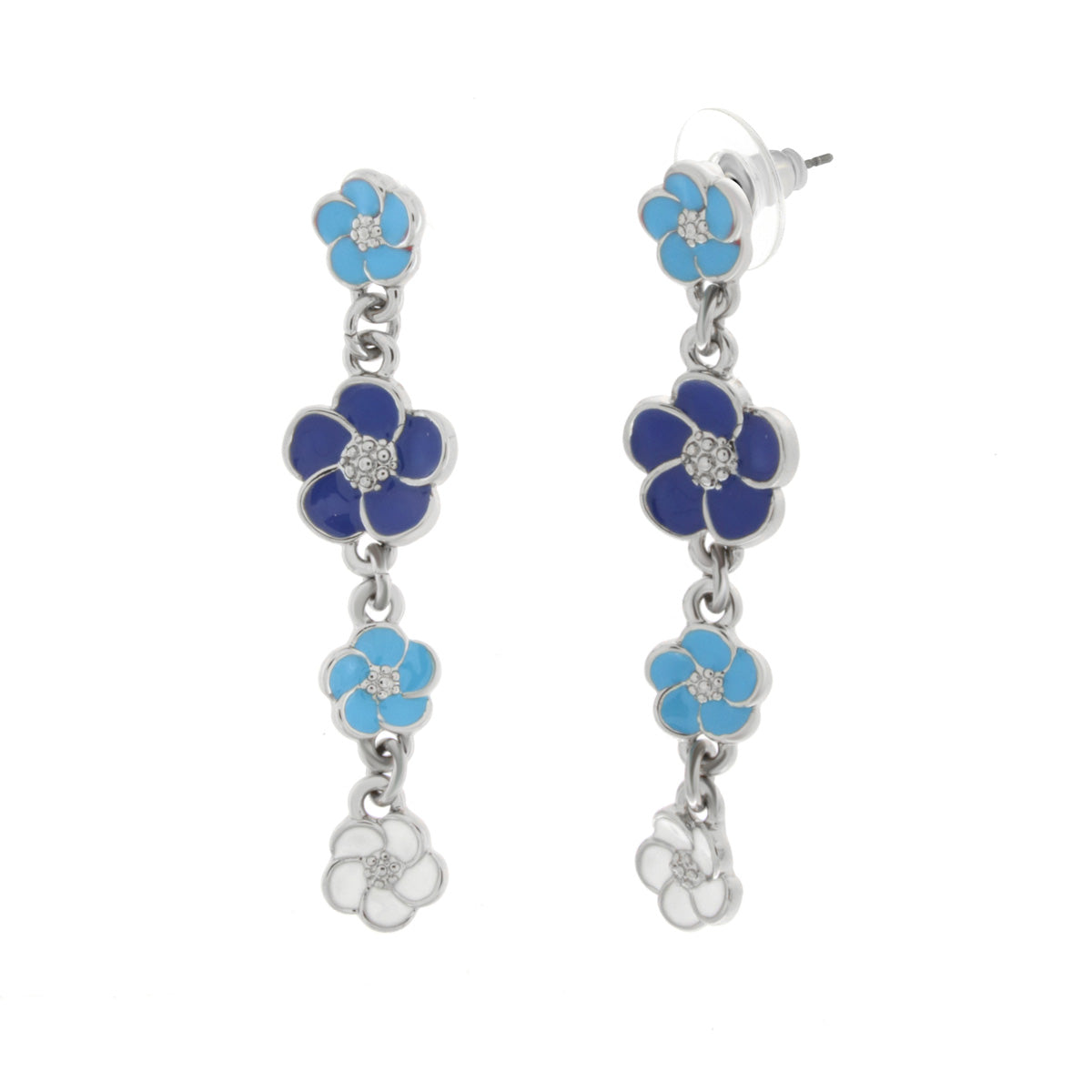 Metal earrings with blue, light blue and white flowers