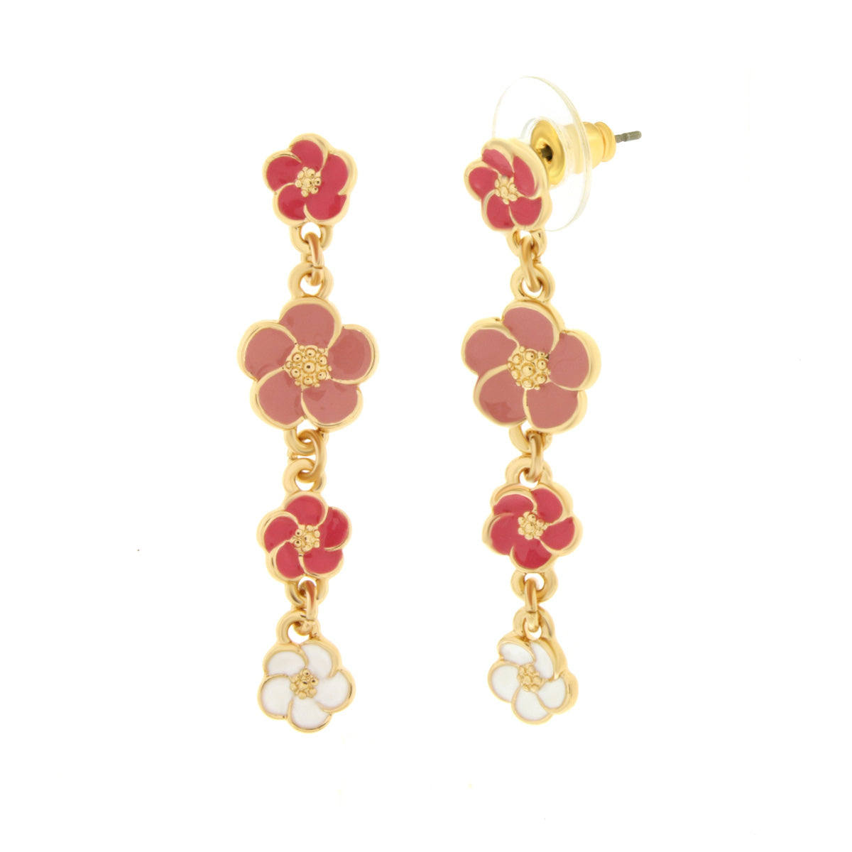 Metal earrings with pink and white flowers