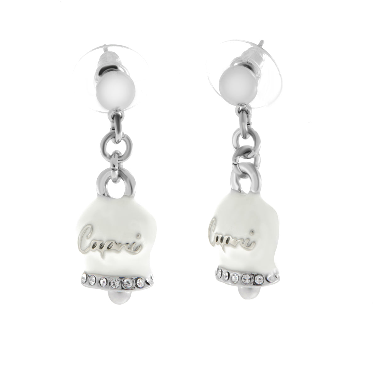 Metal earrings with white bell written Capri