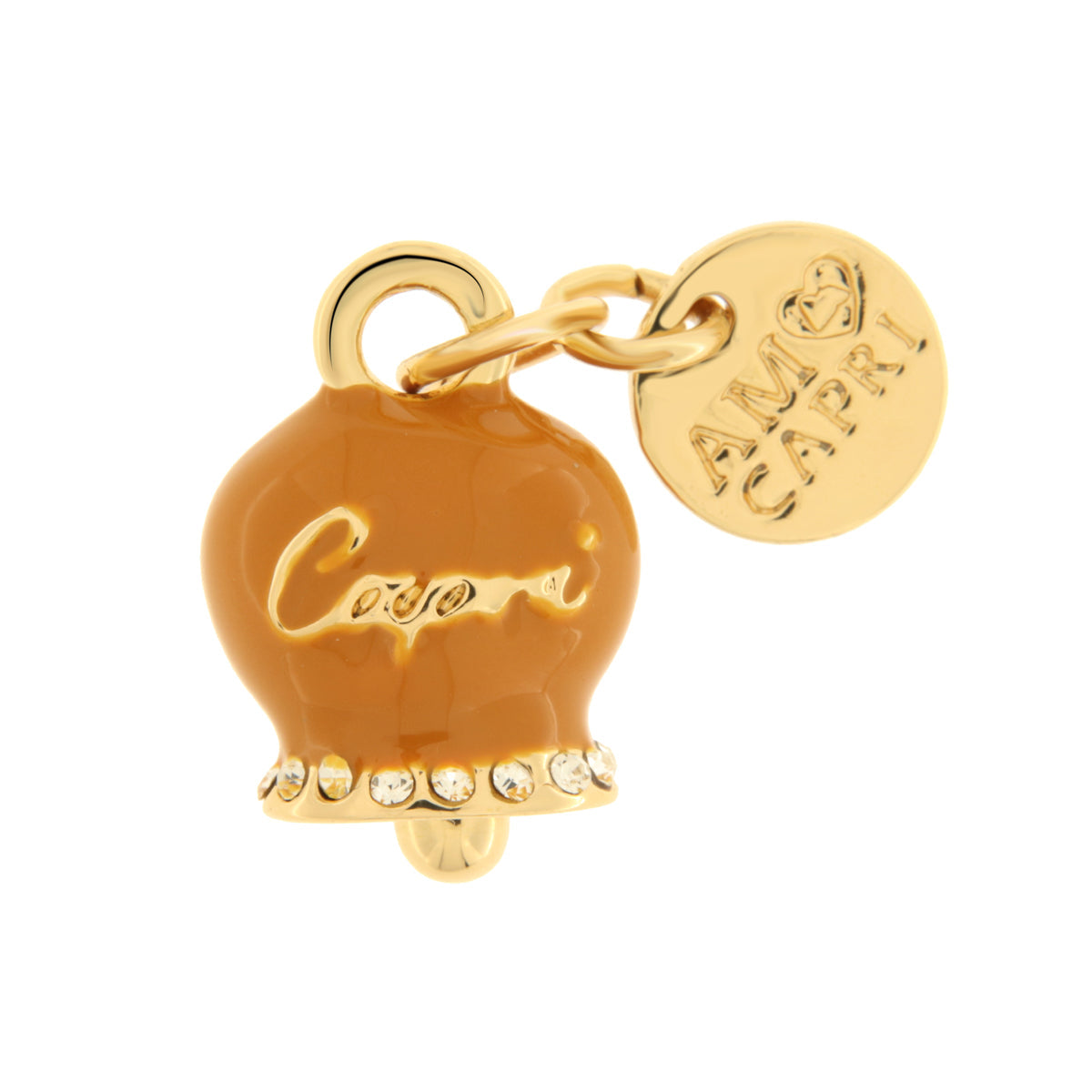 Metal pendant with orange bell written Capri