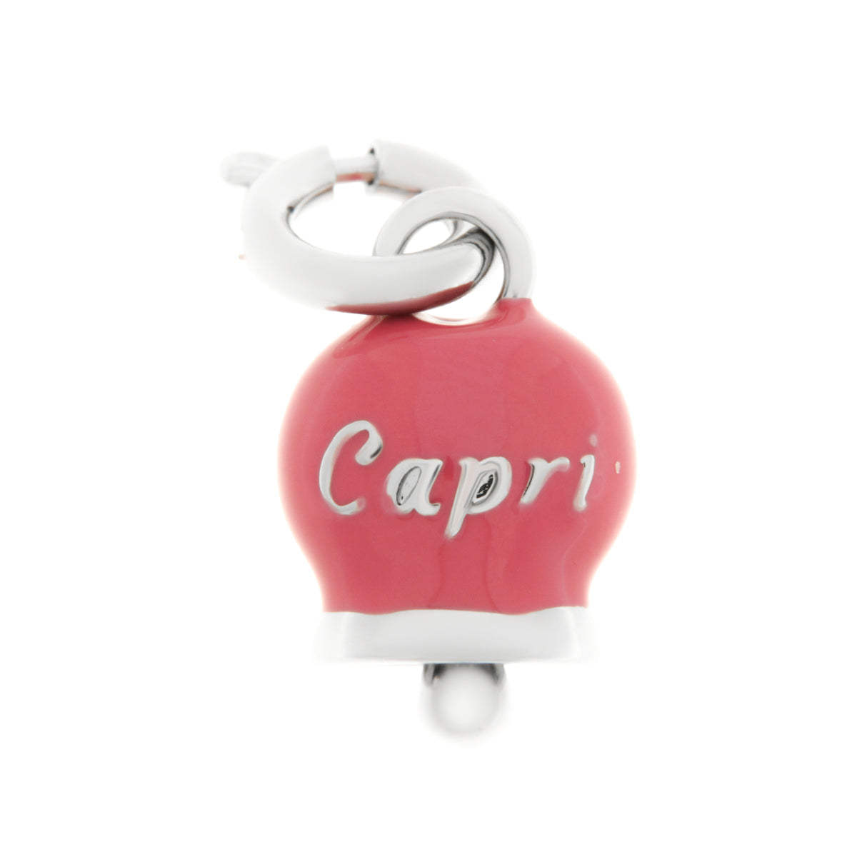 Metal pendant with magenta bell written Capri