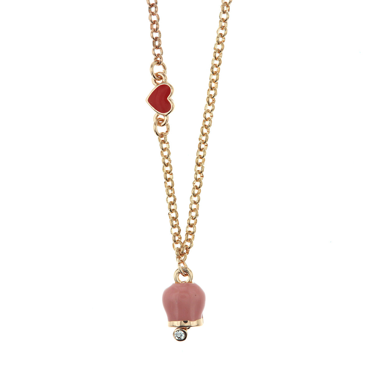 Collana in Metallo con cuore rosso e campanella portafortuna pendente rosa, impreziosita da punto luce