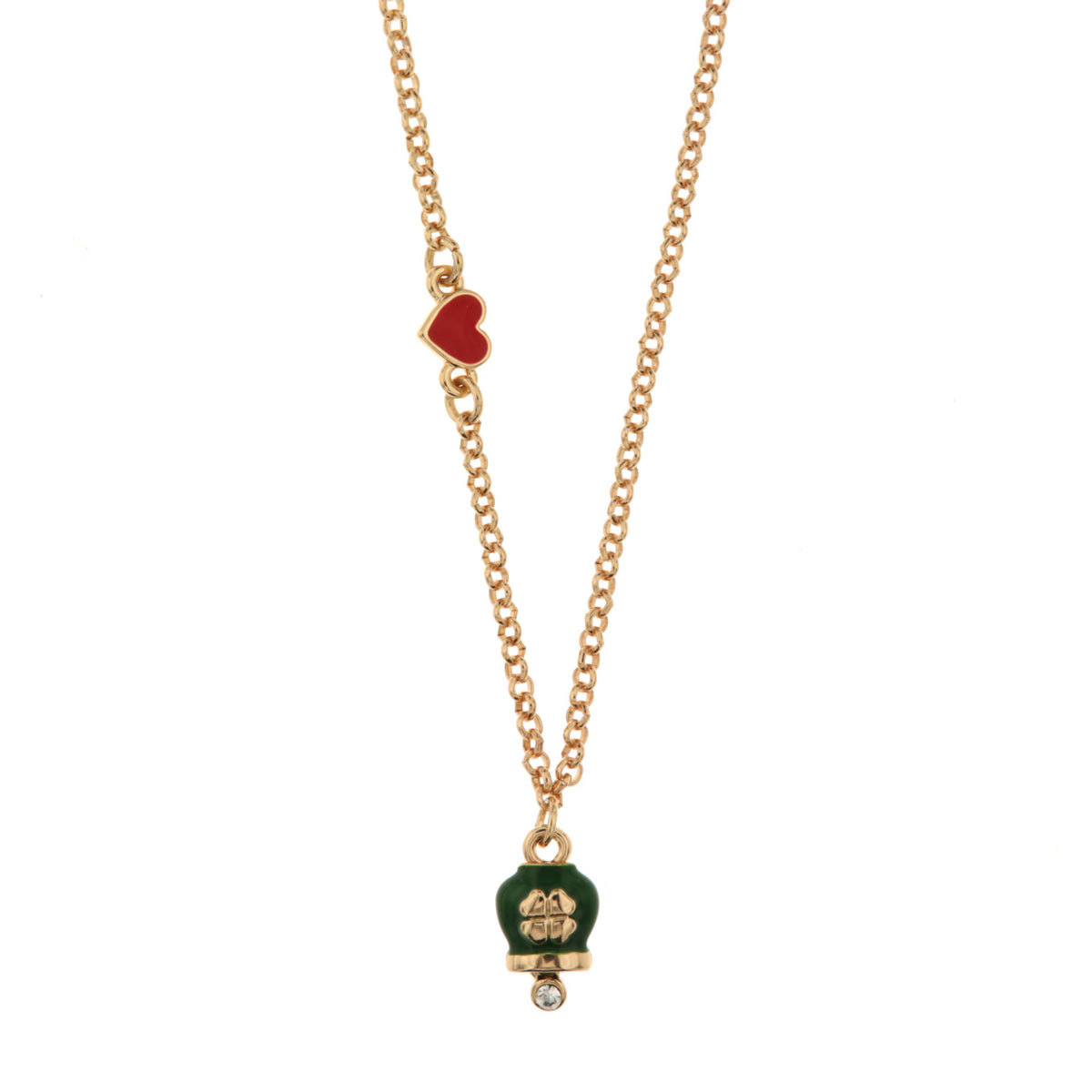 Collana in Metallo con cuore e campanella portafortuna verde con quadrifoglio