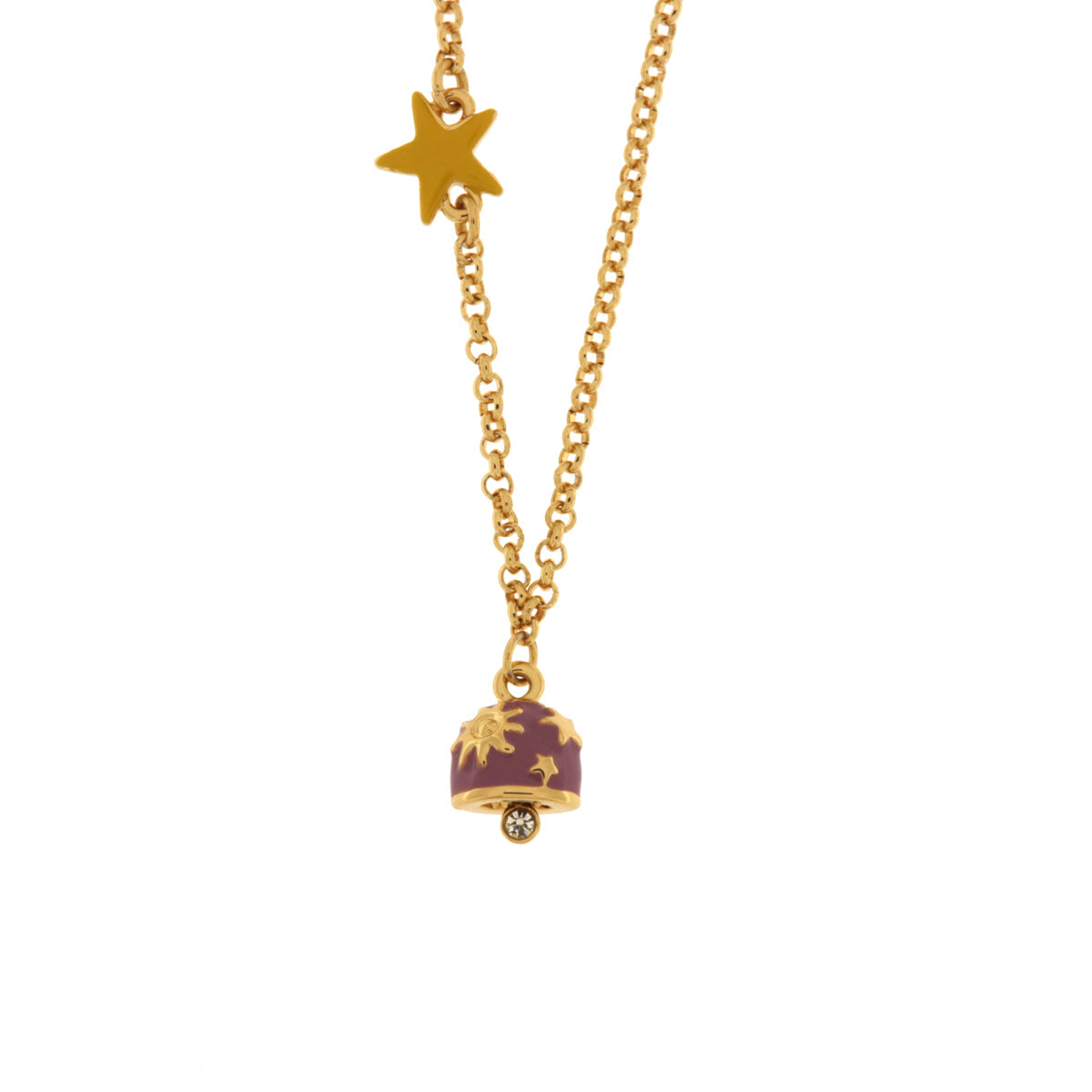 Collana in Metallo con campanella in smalto viola impreziosita da stelle e sole