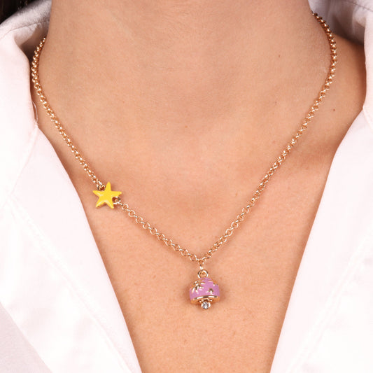 Collana in Metallo con campanella in smalto viola impreziosita da stelle e sole