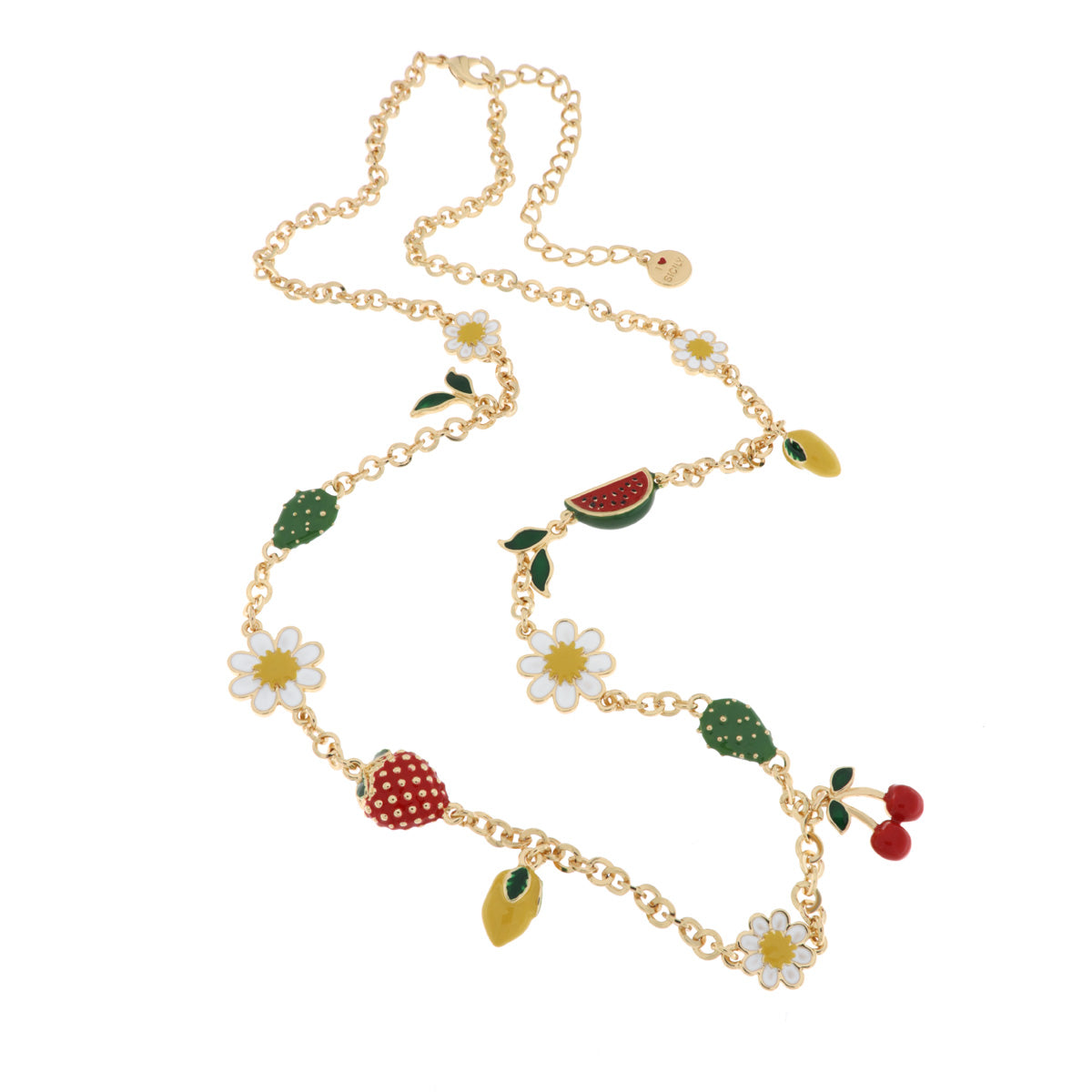 Collana in Metallo lunga con frutta e margherite pendenti