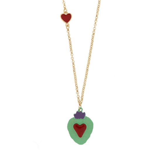 Collana in Metallo con cuore sacro verde e rosso