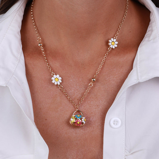 Collana in Metallo con borsetta impreziosita da fiori colorati