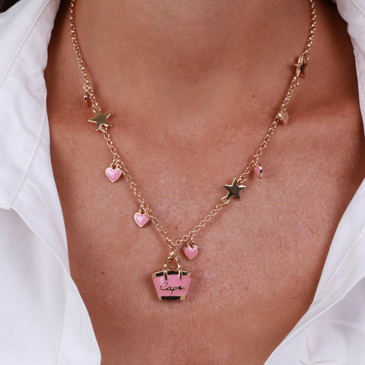 Collana in Metallo con borsa e cuori rosa