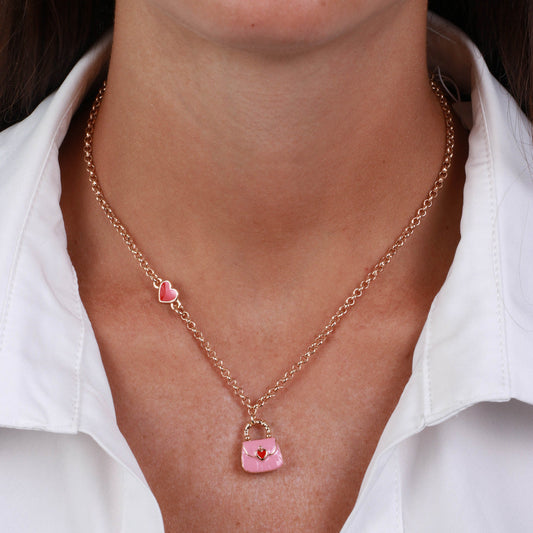 Collana in Metallo con borsa rosa e cuori rossi