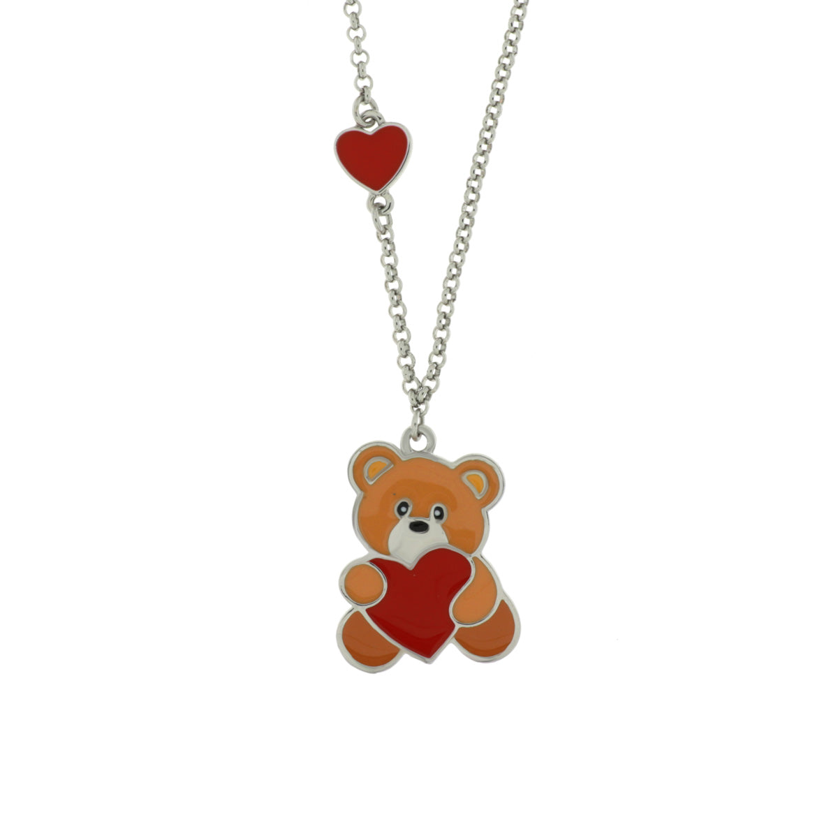 Metal necklace with orange teddy bear and red heart