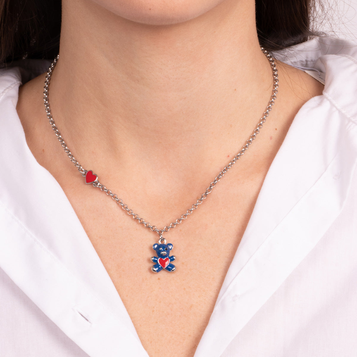 Metal necklace with blue bear and red heart