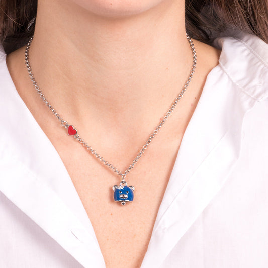 Metal necklace with bell in the shape of a blue bear and a red heart