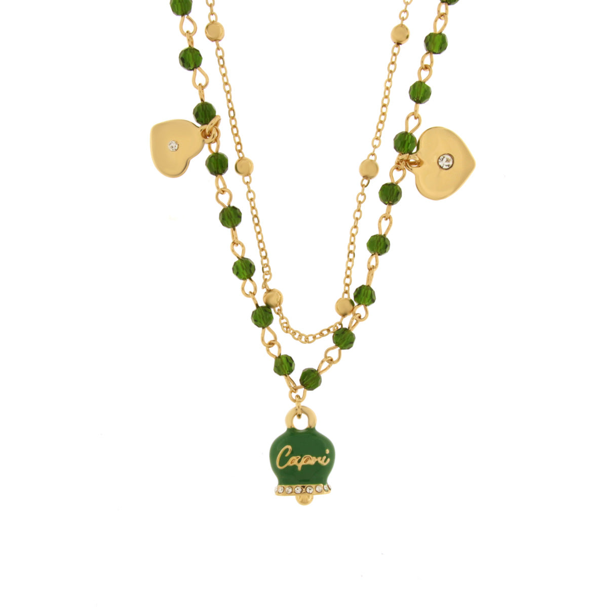 Multi-strand metal necklace with bell and green stones