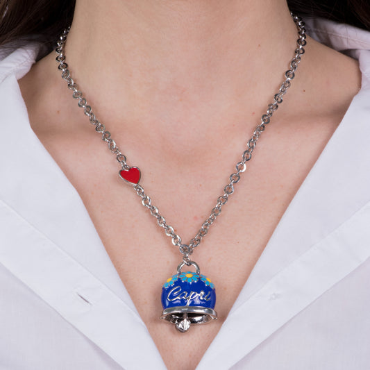 Metal necklace with blue bell embellished with daisies and Capri writing