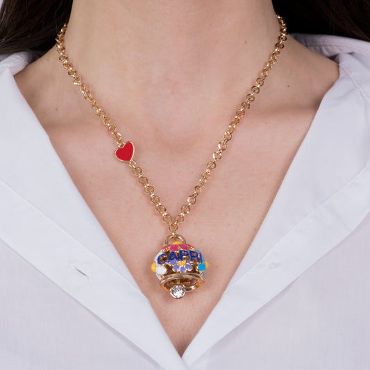 Metal necklace with bell embellished with daisies and Capri writing