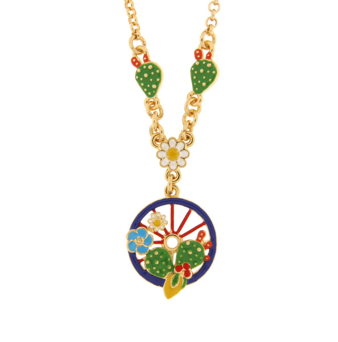 Metal necklace with blue wheel embellished with cacti, lemons and flowers