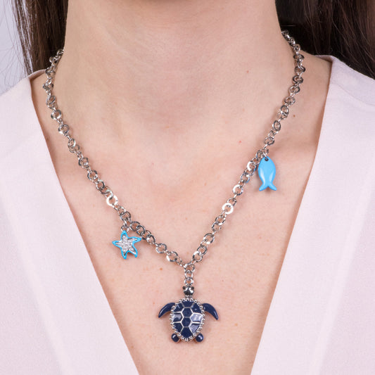 Collana in Metallo con tartaruga blu, pesce e stella marina