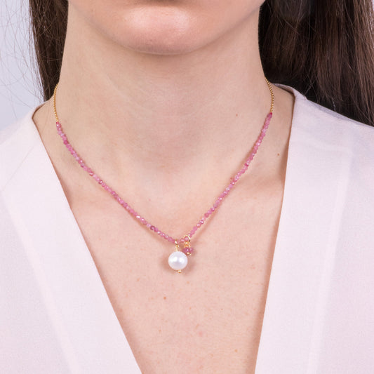 Collana in Metallo con pietre rosa e perla centrale