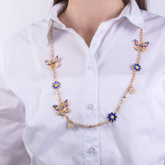 Collana in Metallo con farfalle e fiori blu e bianchi