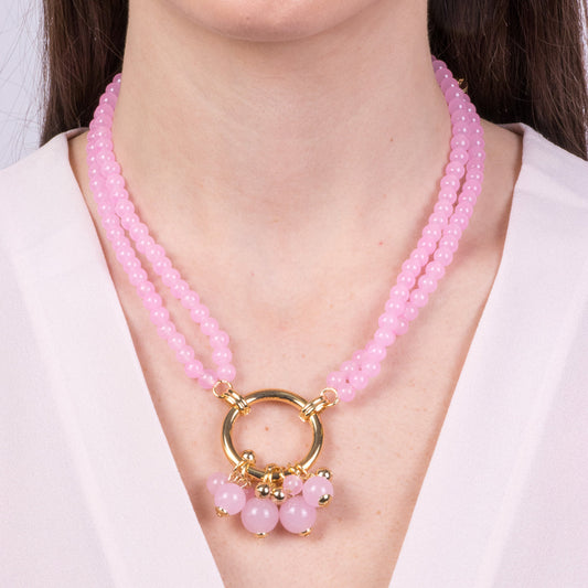 Collana in Metallo multifilo con cristalli rosa e cerchio centrale