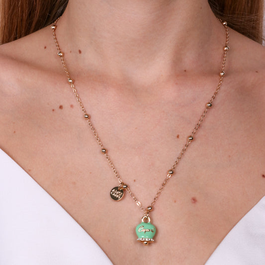 Metal necklace with aqua green bell written Capri