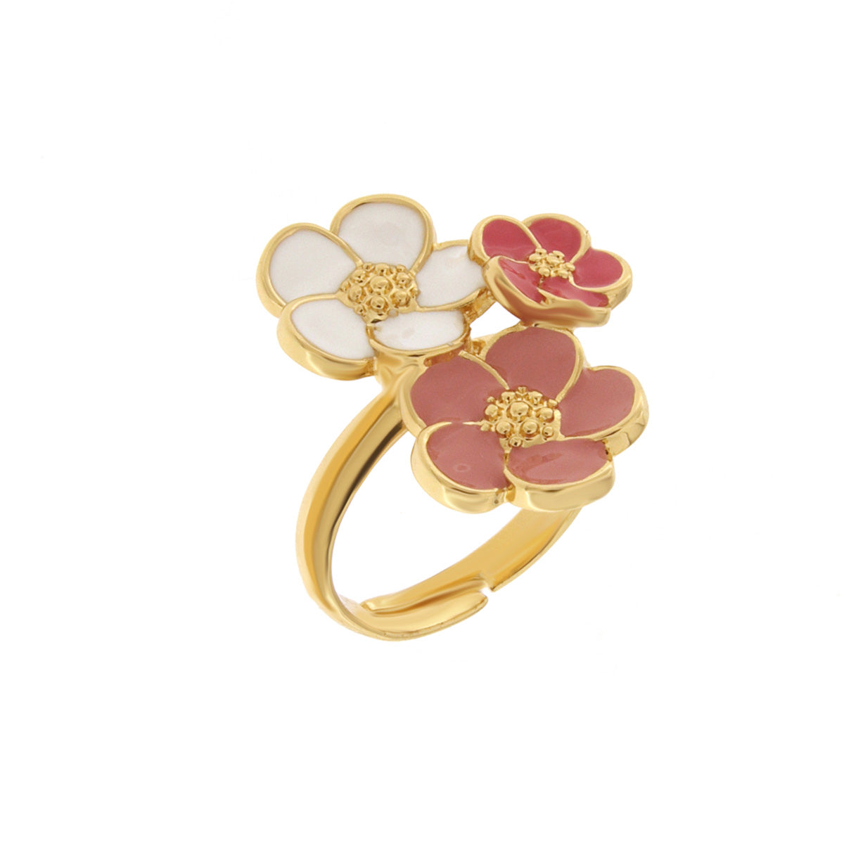 Metal ring with three flowers in antique pink, white and red