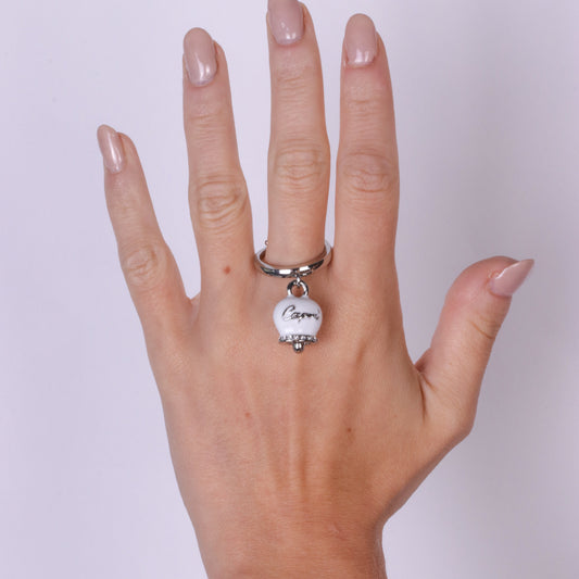 Metal ring with white bell written Capri