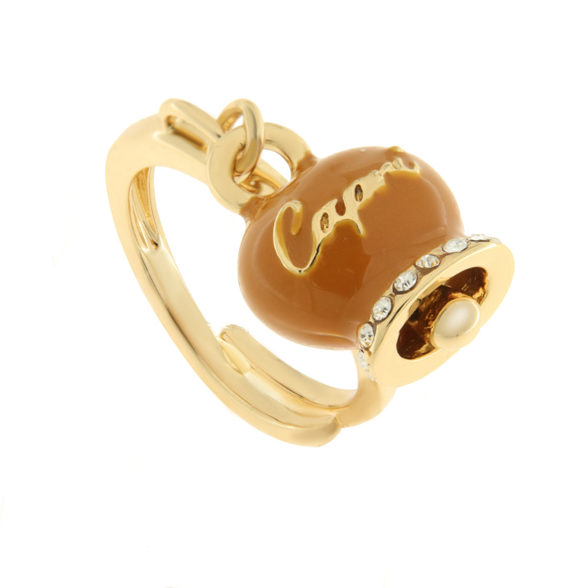 Metal ring with orange bell written Capri