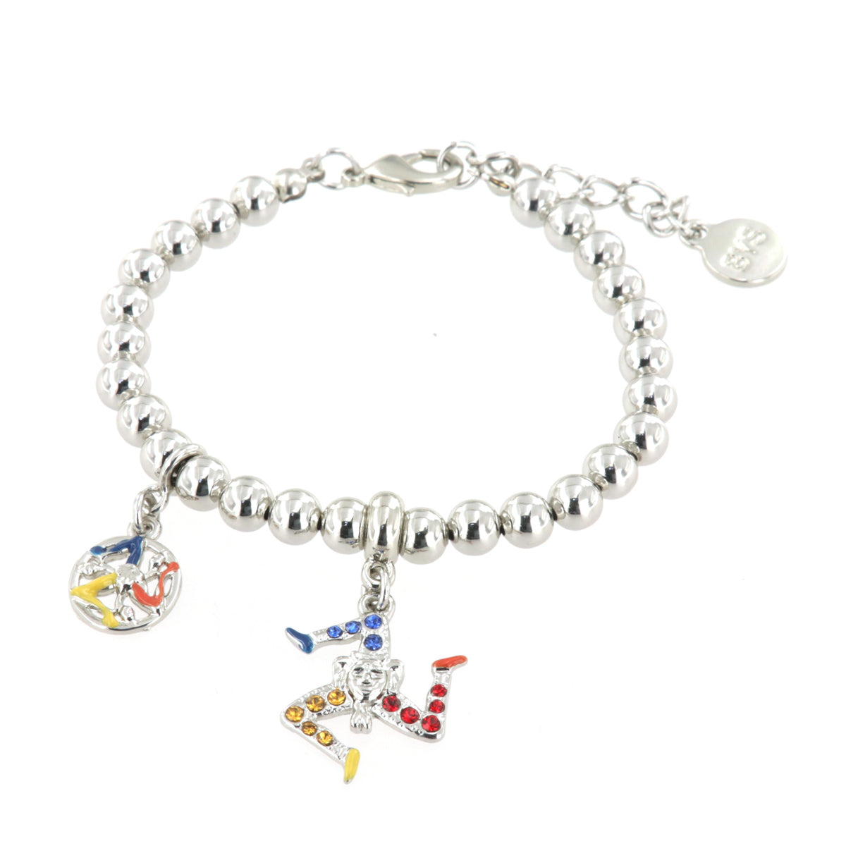 Bracciale in Metallo maglia a sfere con trinacria pendente impreziosita da cristalli multicolore