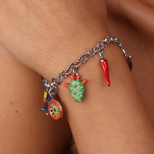 Bracciale in Metallo con charm siciliani, carretto, coffa, fico d'india, corno portafortuna