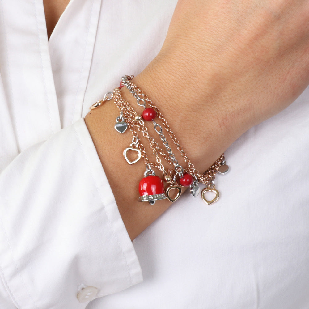 Bracciale in Metallo con campana pendente rossa a maglia multifilo con cuori e corallini colorati