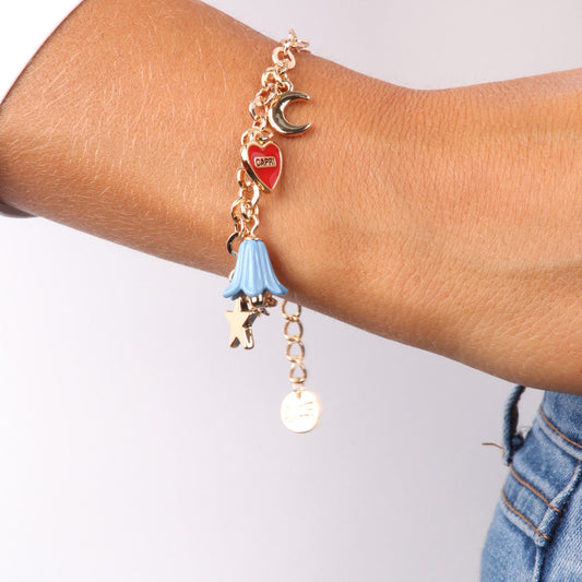 Bracciale in Metallo con stella, luna, cuore con scritta capri e campanella a forma di campanula