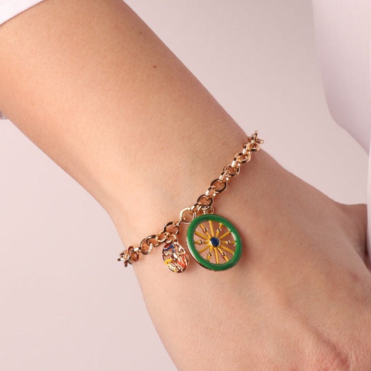 Bracciale in Metallo maglia a rolò con charm ruota carretto e trinacria con smalti colorati