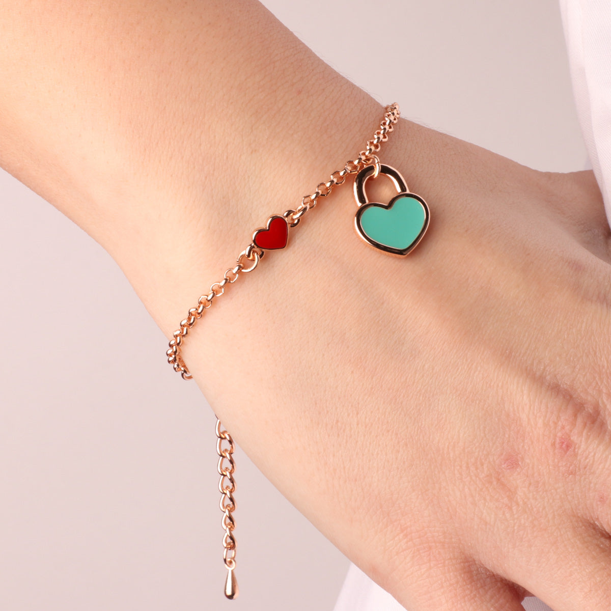 Bracciale in Metallo con cuore rosso e lucchetto a forma di cuore con smalto turchese