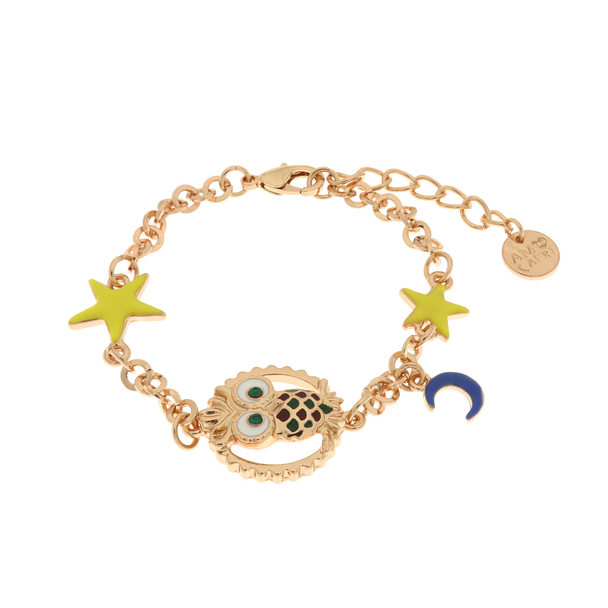 Bracciale in Metallo con gufo portafortuna, luna e stelle