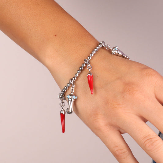 Bracciale in Metallo con cornetti portafortuna in smalto rosso