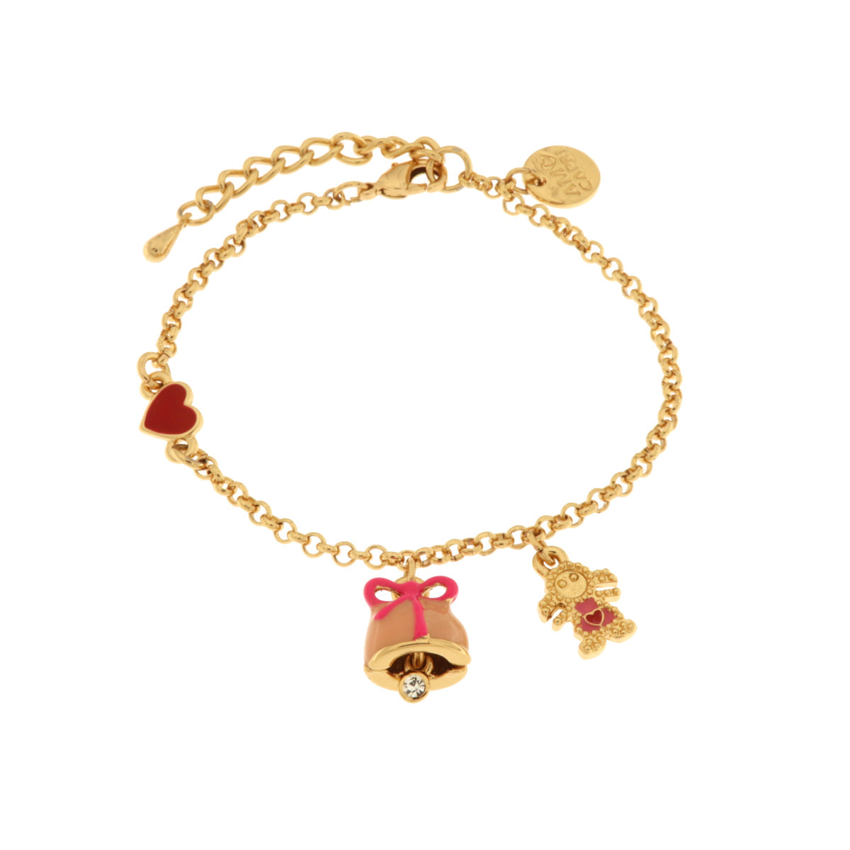 Bracciale in Metallo con campanella  rosa e fiocco centrale con pendenti a forma di bimba e cuore