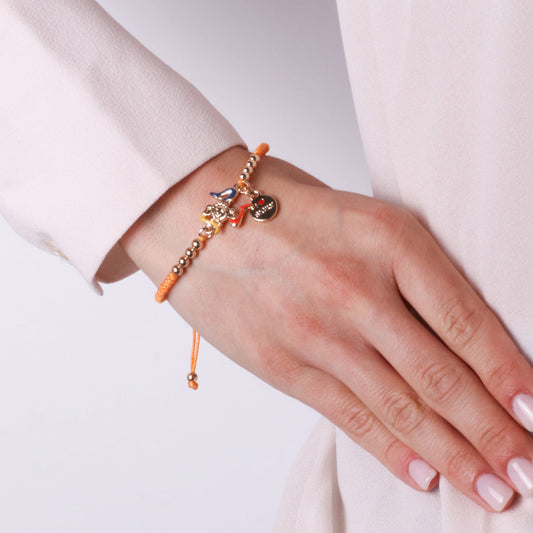 Bracciale in Metallo con cordino arancio di cotone e sfere con trinacria