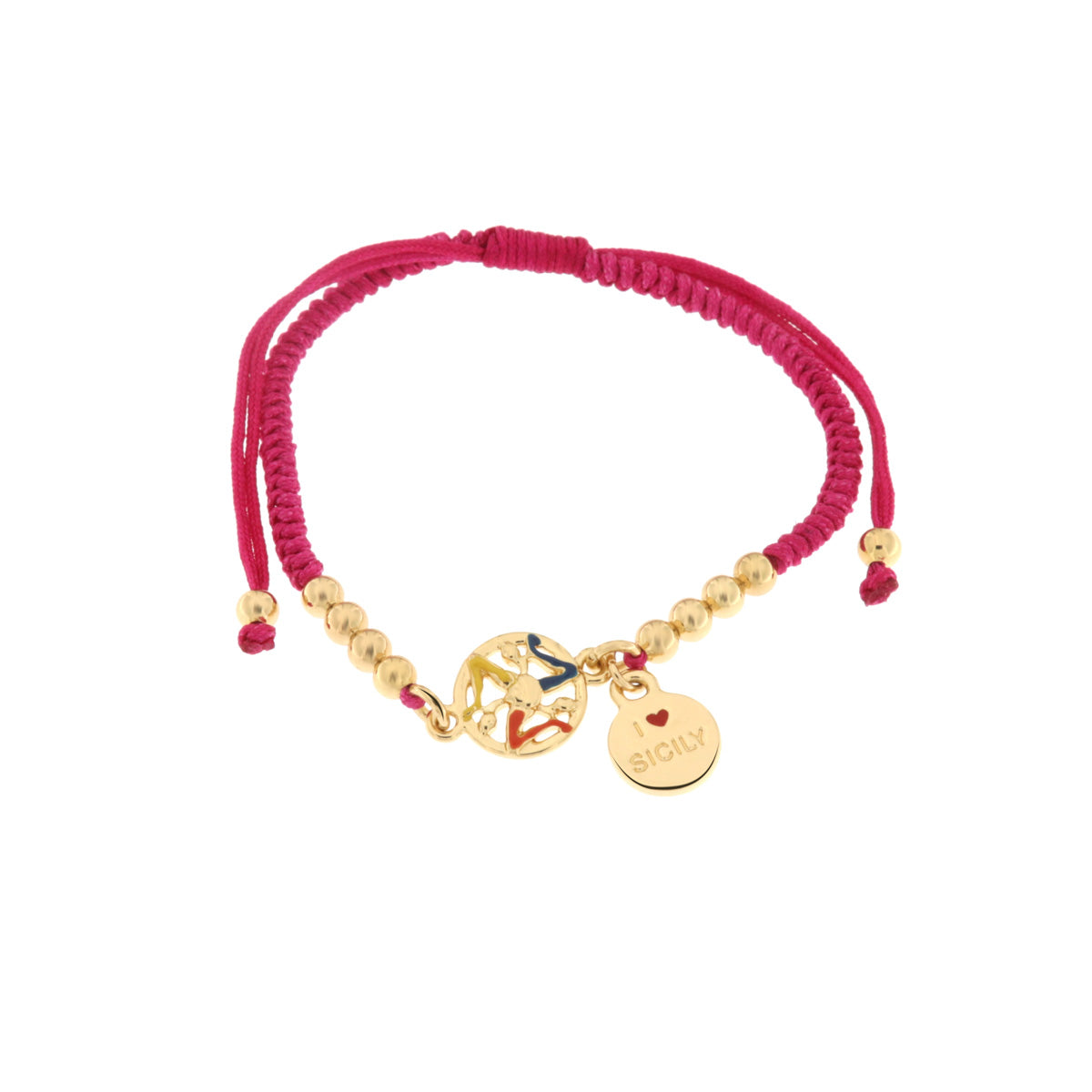 Bracciale in Metallo con cordino fucsia e trinacria