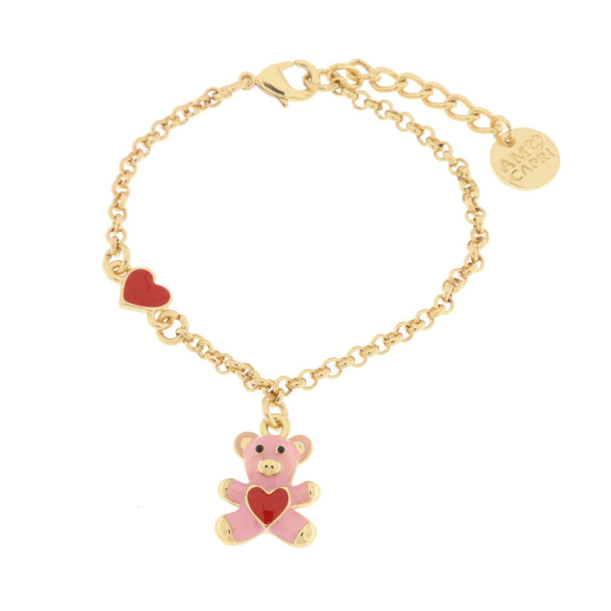 Metal bracelet with pink teddy bear and red heart