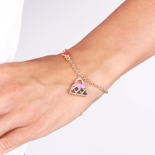 Bracciale in Metallo con borsa rosa e cuore rosso