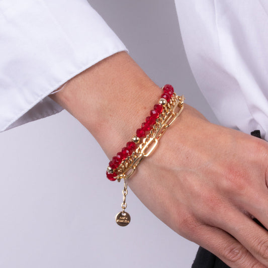 Bracciale in Metallo multifilo con catene e pietre rosse