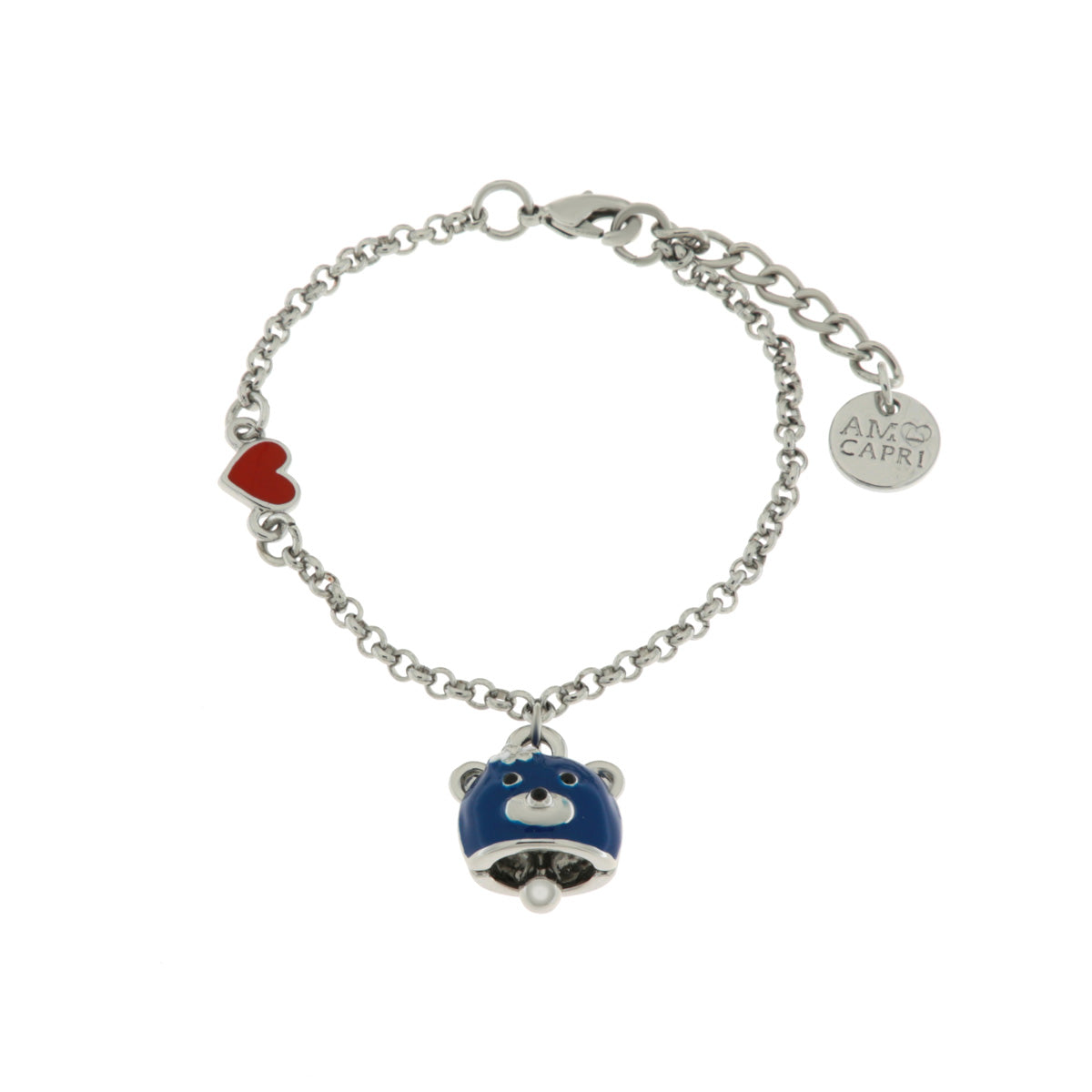 Metal bracelet with bell in the shape of a blue bear and a red heart