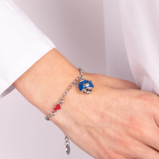 Metal bracelet with bell in the shape of a blue bear and a red heart