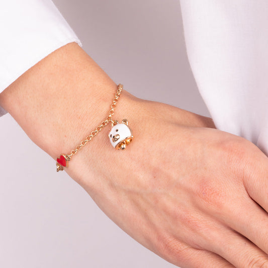 Metal bracelet with bell in the shape of a white bear and a red heart