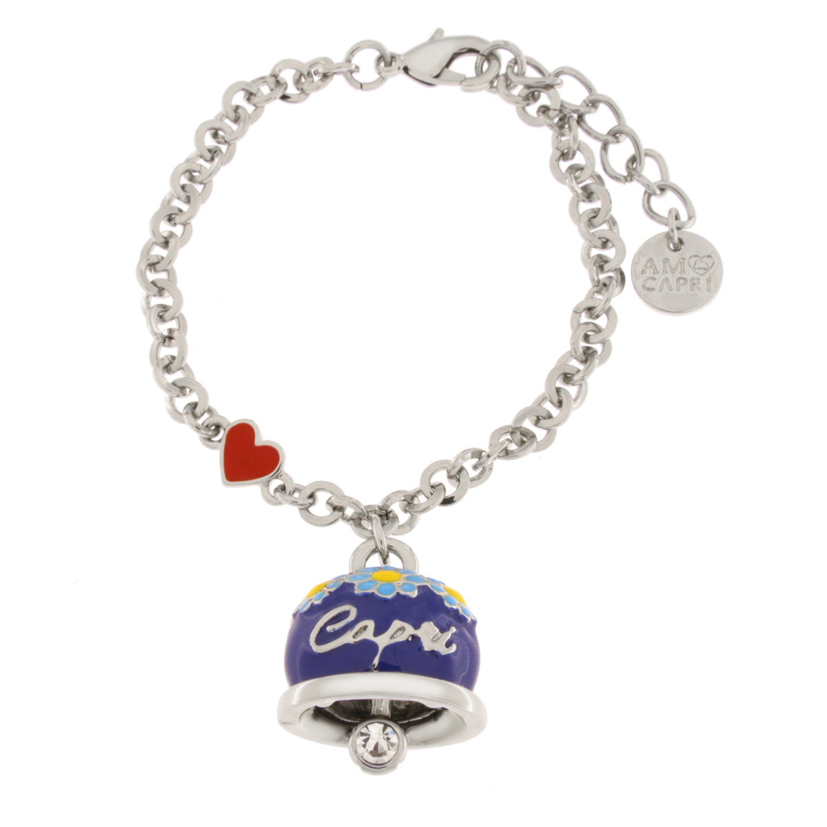 Metal bracelet with blue bell embellished with daisies and Capri writing